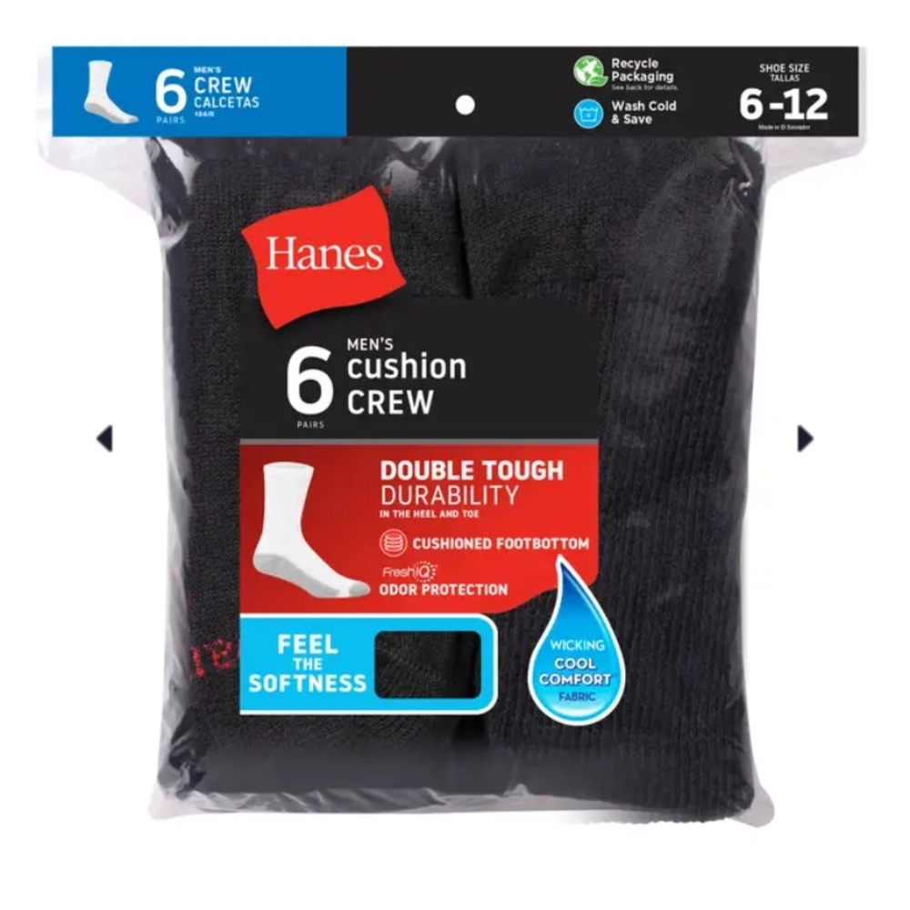 Hanes Socks, mens 6-12 or 12-14, Blakk & white